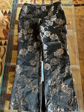 Cache Black Straight Leg Pants with Metallic Gold & Silver Floral Brocade